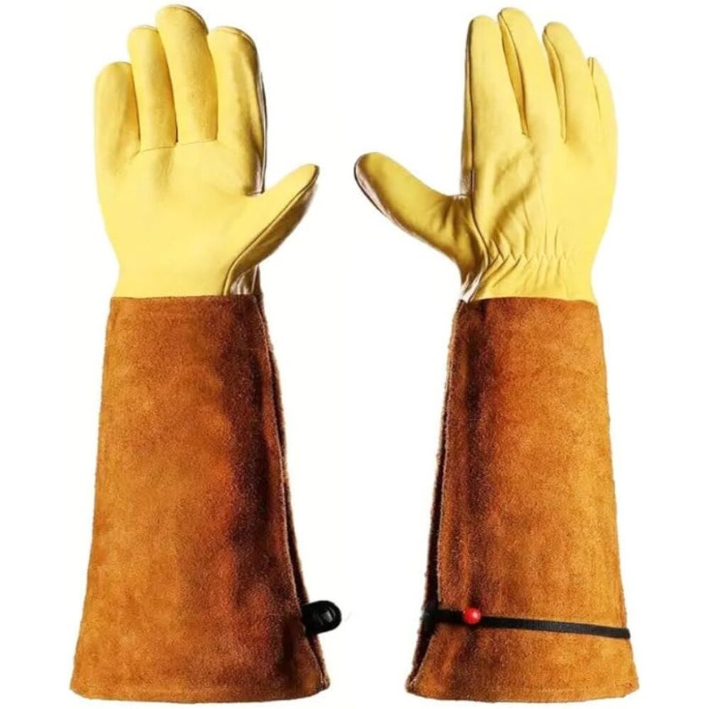 Long Leather Gardening Gloves Brown Thorn-Proof Gauntlet Yard Protective Work